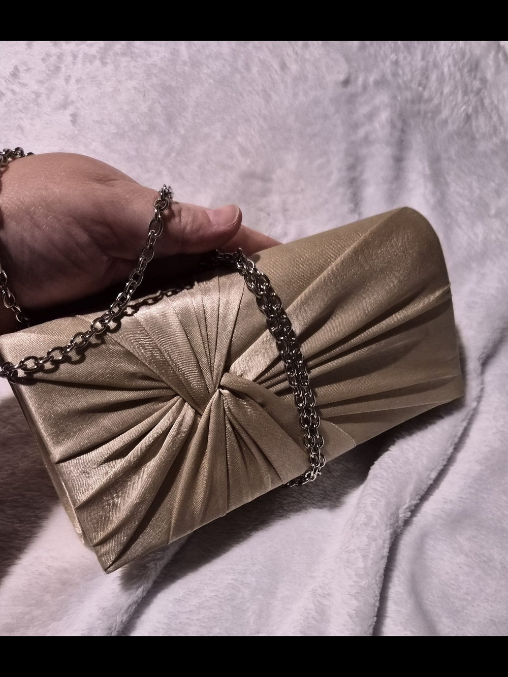 Charming Charlie Gold Satin Knotted Clutch with Chain